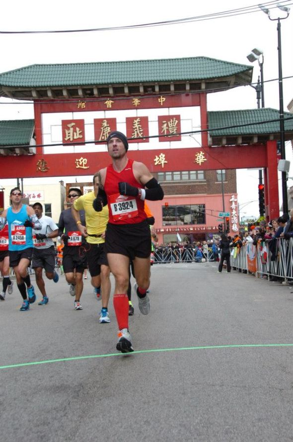 Huffing and puffing en route to a 3:03 finish at the 2012 Chicago Marathon.